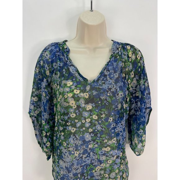 ANTHROPOLOGIE Fei Women’s Size 2 Silk Blue Floral Elbow Sleeve Blouse - Picture 3 of 6